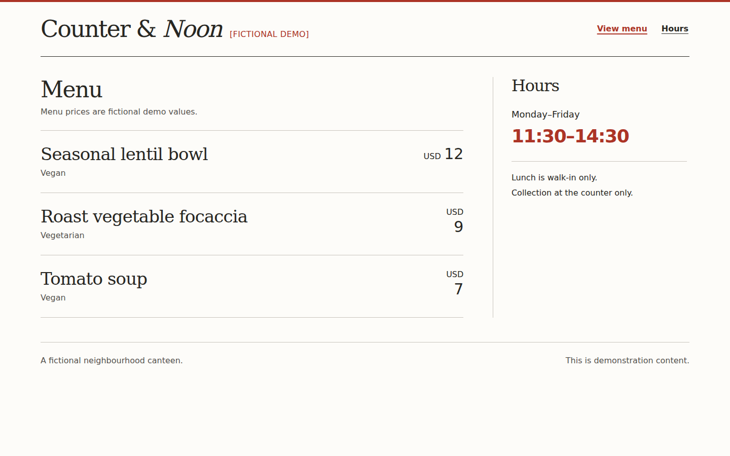 Counter & Noon [FICTIONAL DEMO] — actual rendered homepage